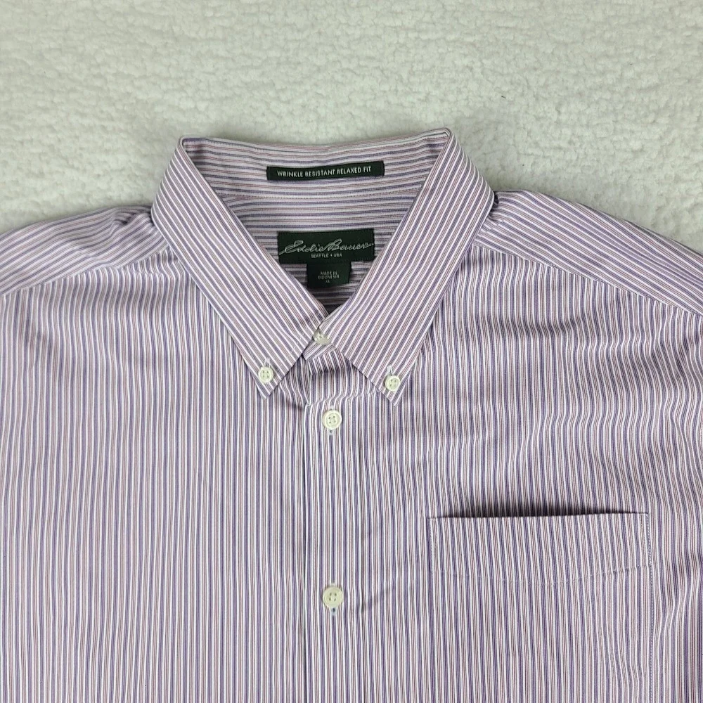 Eddie Bauer Dress Shirt Mens XL Purple Striped Wrinkle Resistant Relax Button Up